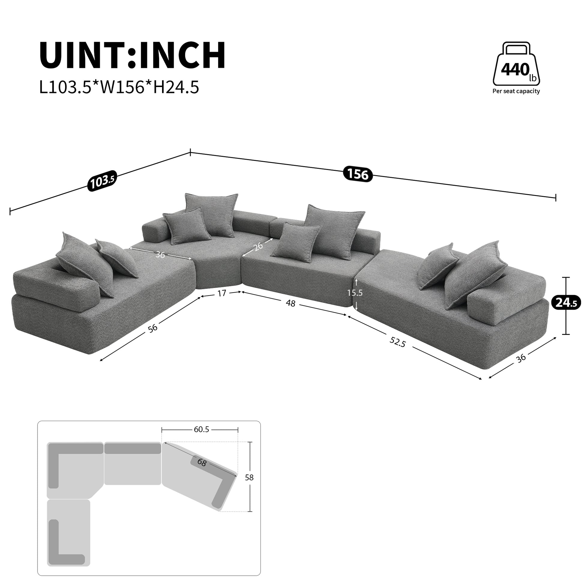 156''Oversized Modular U Shaped Sectional Sofa,Luxury Boucle Floor Couch Set,Convertible Sleeper Couch,Spacious Foam Filled Sofa Bed For Living Room,4 Pc Free Combination,2 Color Gray Boucle 6 Seat