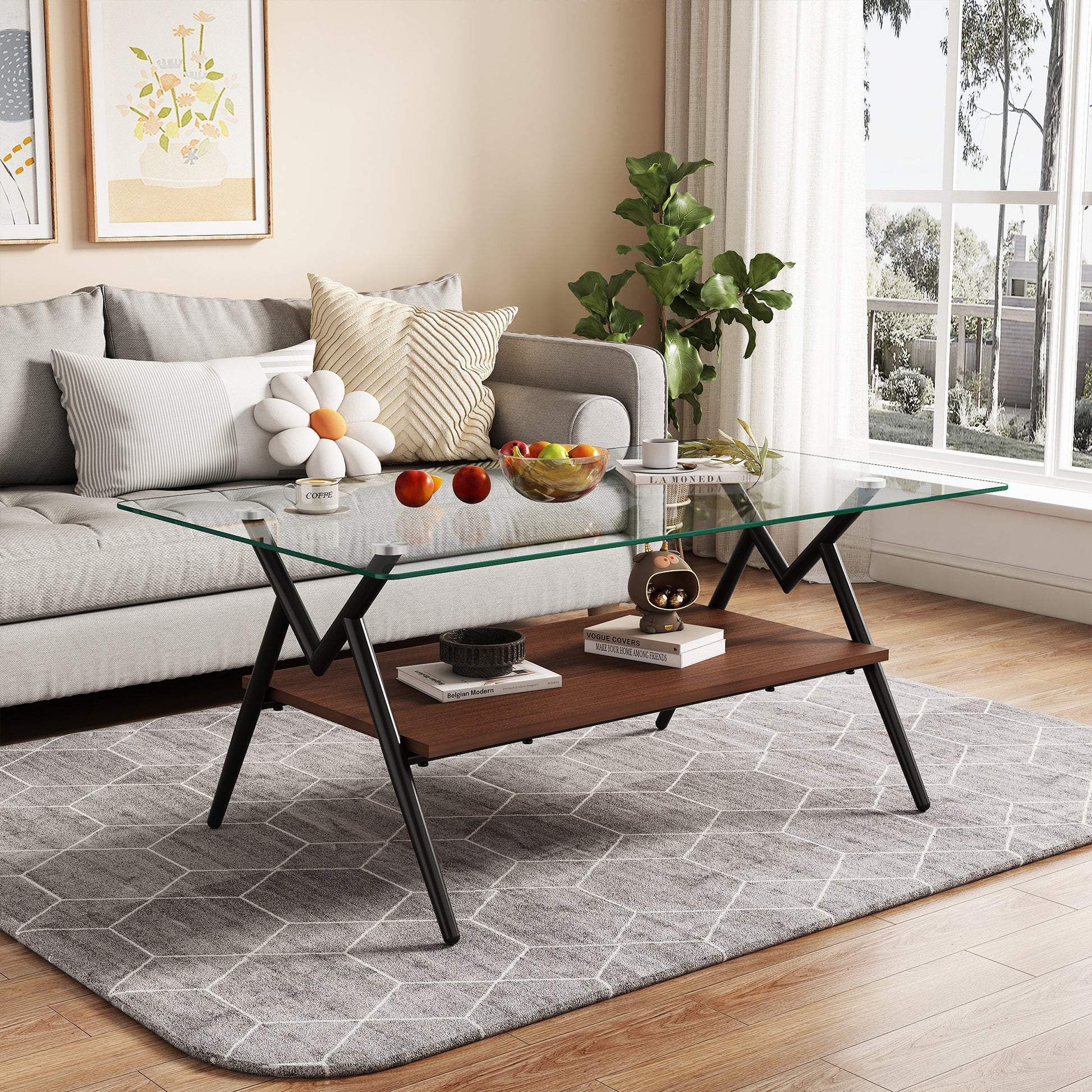 Rectangle Coffee Table With Tempered Glass Top And Black Metal Legs, Modern Table For Living Roomtransparent Glass Transparent Tempered Glass
