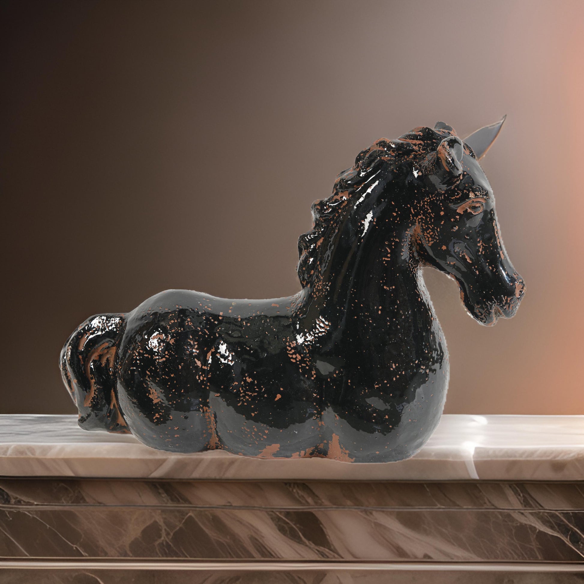 17 Inch Ceramic Accent D Cor, Horse Statue, Black And Brown Black Brown Ceramic