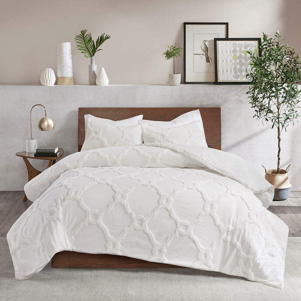 3 Piece Tufted Cotton Chenille Geometric Duvet Cover Set Queen Off White Cotton