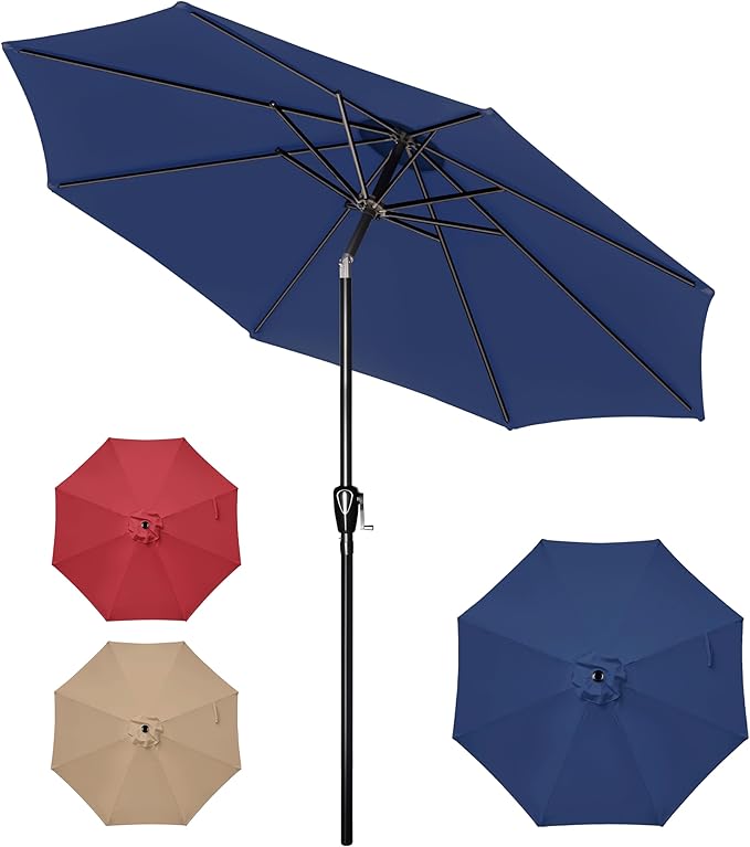 10Ft Outdoor Market Patio Umbrella With 8 Sturdy Ribs, Tilt Crank Push Button For Garden, Deck, Backyard And Pool Dark Blue Stainless Steel