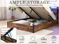 Lift Up Storage Bed Frame, Queen Size Bed Frame With Bookcase Headboard & Led Lights, Wooden Platform Bed Frame With Charging Station, No Spring Box Needed, Rustic Brown Box Spring Not Required Queen Rustic Brown Metal Brown Bedroom Industrial Bed Frame