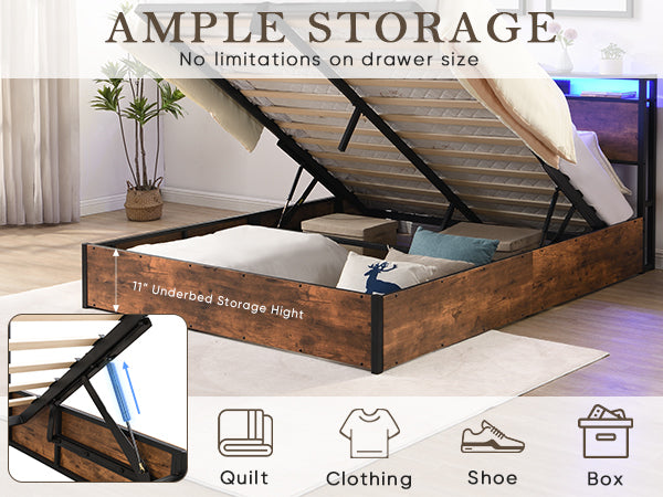 Lift Up Storage Bed Frame, Queen Size Bed Frame With Bookcase Headboard & Led Lights, Wooden Platform Bed Frame With Charging Station, No Spring Box Needed, Rustic Brown Box Spring Not Required Queen Rustic Brown Metal Brown Bedroom Industrial Bed Frame