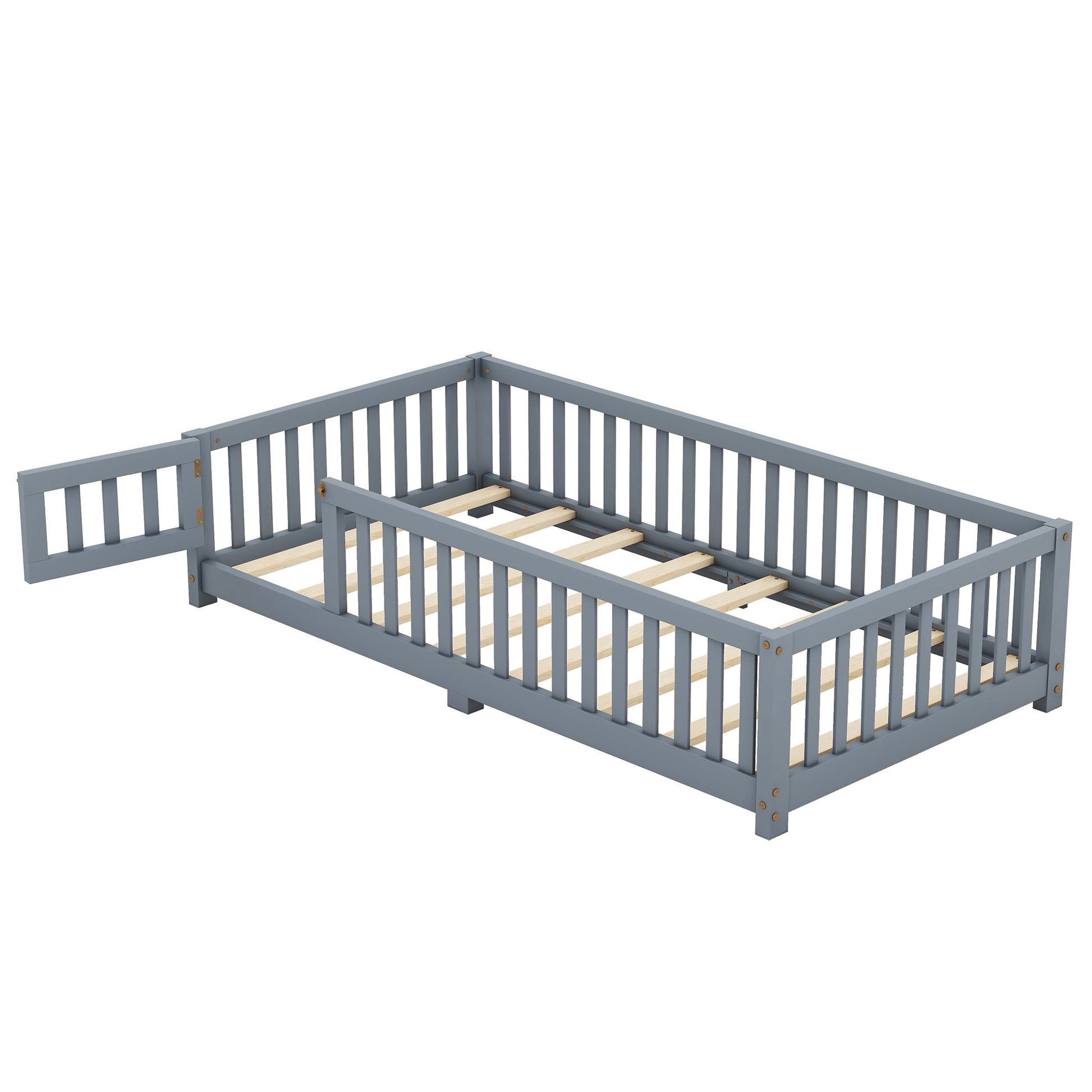 Twin Size Bed Floor Bed With Safety Guardrails And Door For Kids, Gray Old Sku: W158090685 Twin Gray Pine