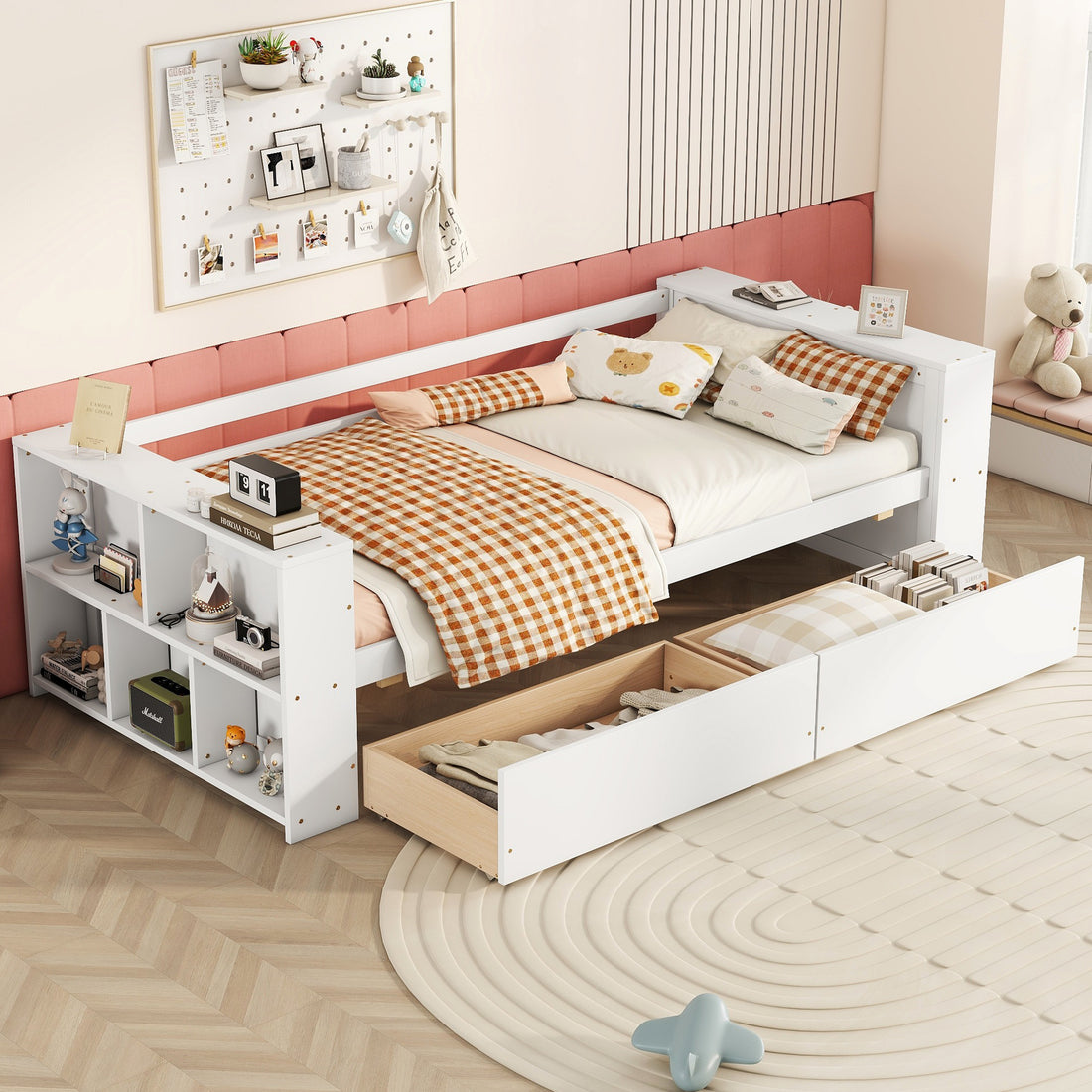 Twin Size Daybed With Shelves And Drawers, White Twin White Pine