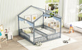 Double Twin House Style Floor Bed With Fence, Guardrails, Without Door, Grey Twin Grey American Design Pine