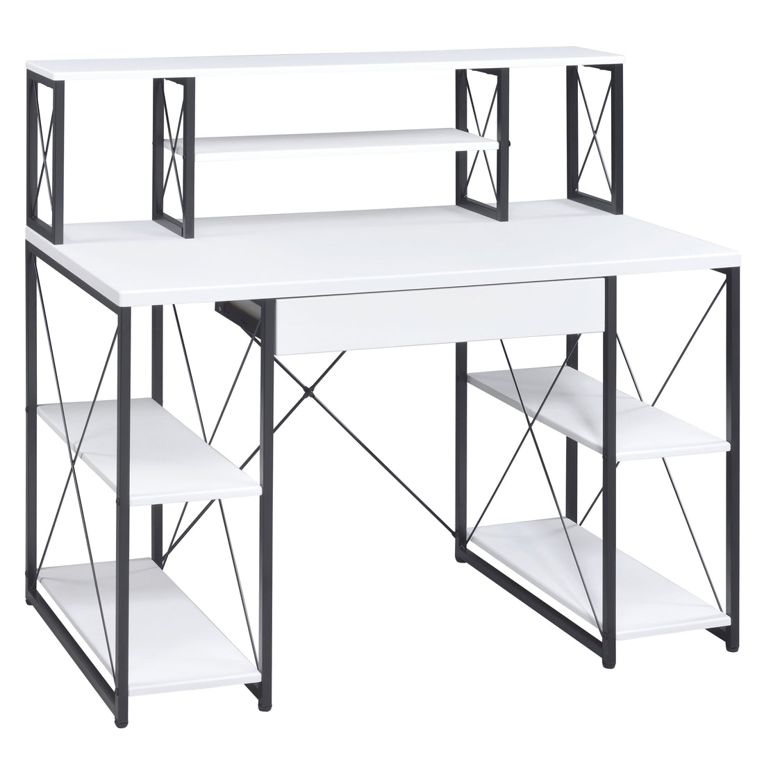 White And Black Office Desk With Open Shelves And Hutch White Black Writting Desk Office Rectangular Shelves Wood Metal Sled