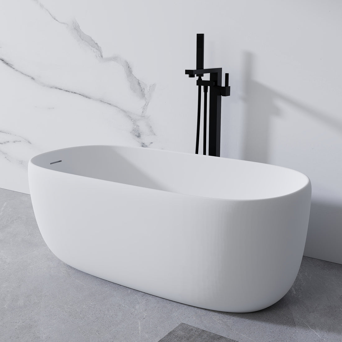 51'' Freestanding Bathtub Resin Stone Soaking Bathtub Solid Surface Modern Tubs With Overflow And Pop Up Drain In White Matte White Oval Bathroom Freestanding Tubs Matte Less Than 59 In Soaking Center Solid Surface Solid Surface