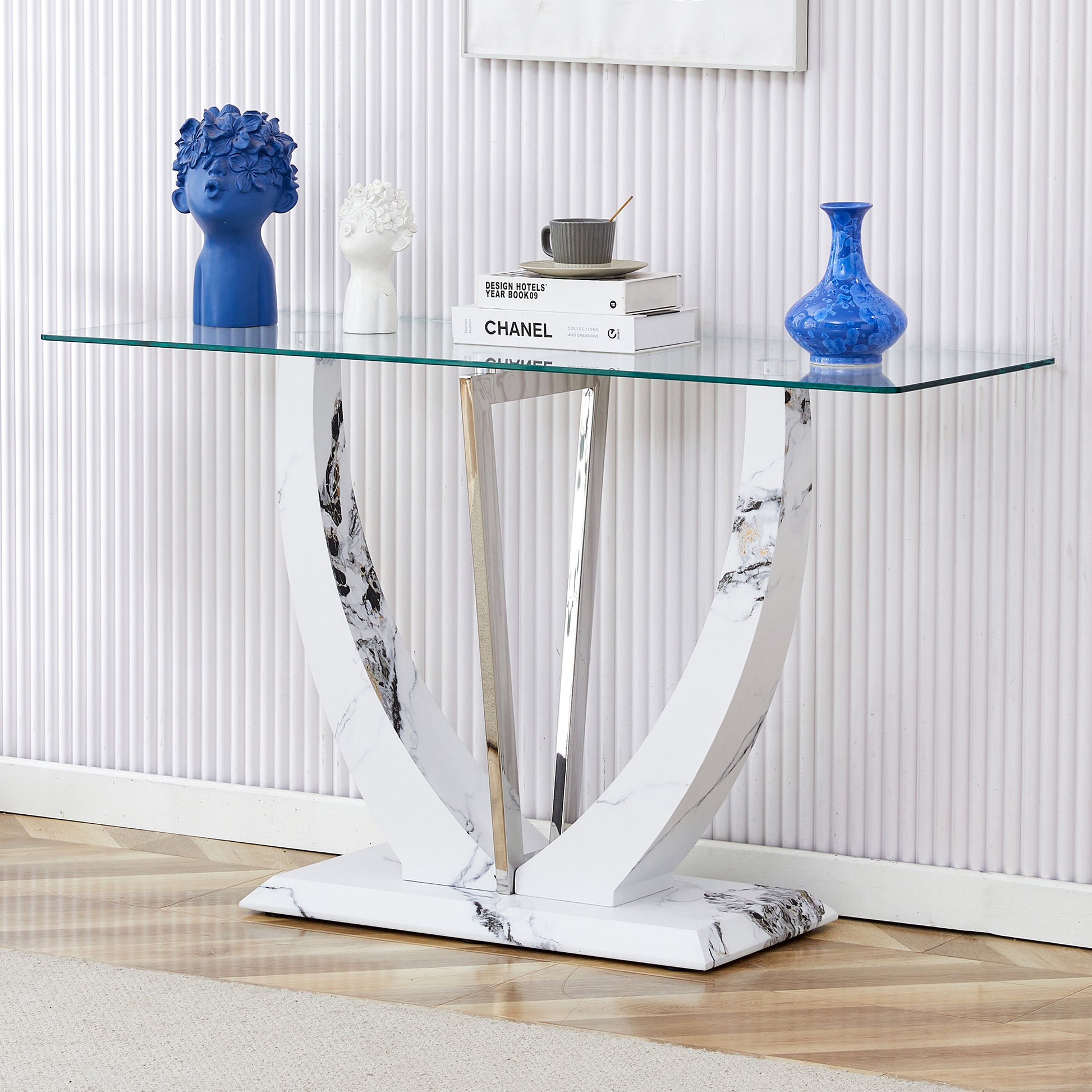 Modern Minimalist Rectangular Glass Table With 0.39 "Tempered Glass Top And Mdf White Patterned Sticker Legs For Entrance And Living Room. Transparent Glass