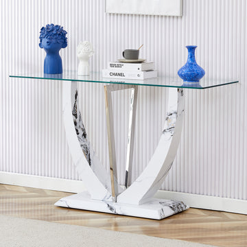 Modern Minimalist Rectangular Glass Table With 0.39 "Tempered Glass Top And Mdf White Patterned Sticker Legs For Entrance And Living Room. Transparent Glass