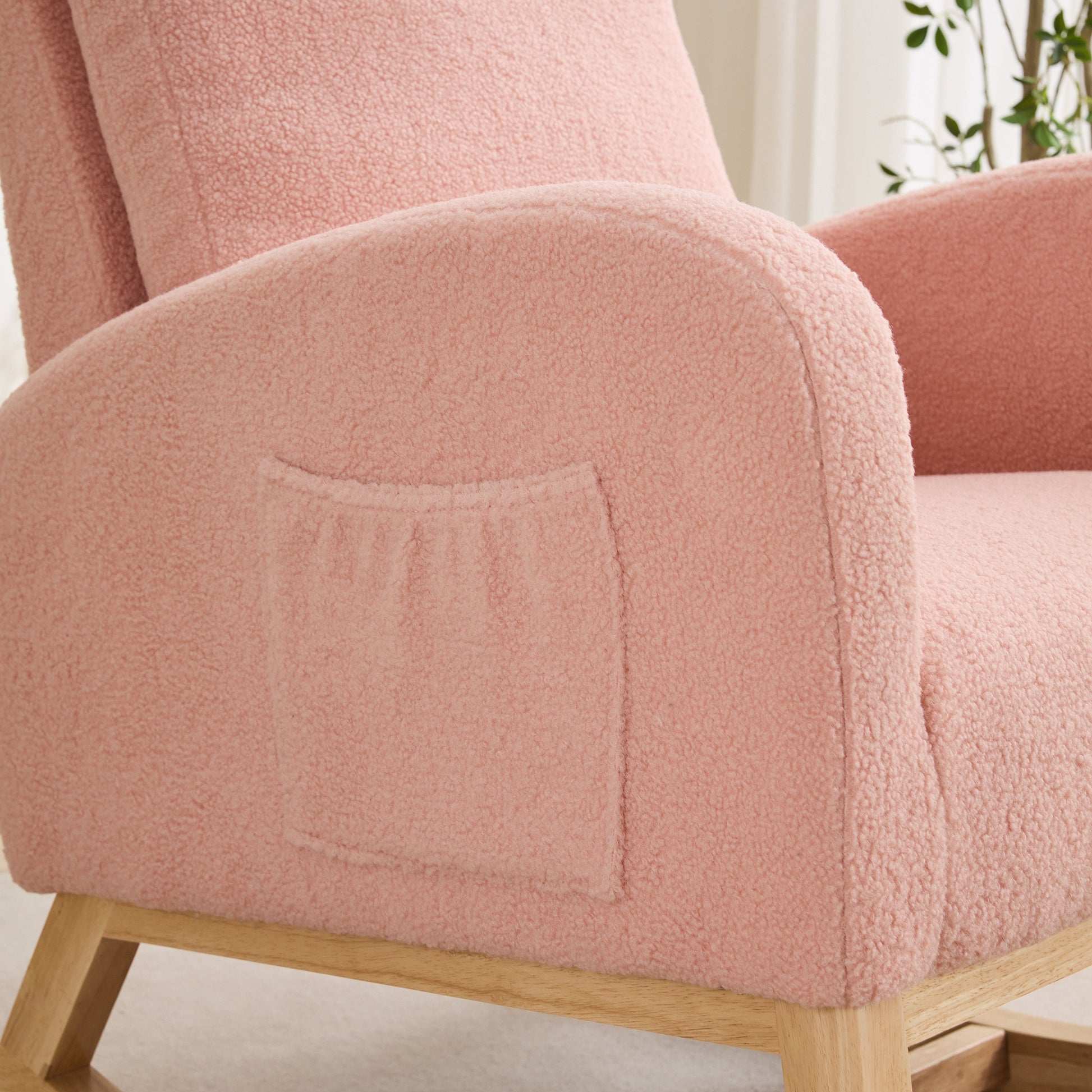 27.2"W Rocking Chair For Nursery, Sherpa Glider Chair With High Back And Side Pocket, Rocking Accent Armchair With Rubber Wood Legs For Living Room Bedroom.Pink Pink Sherpa