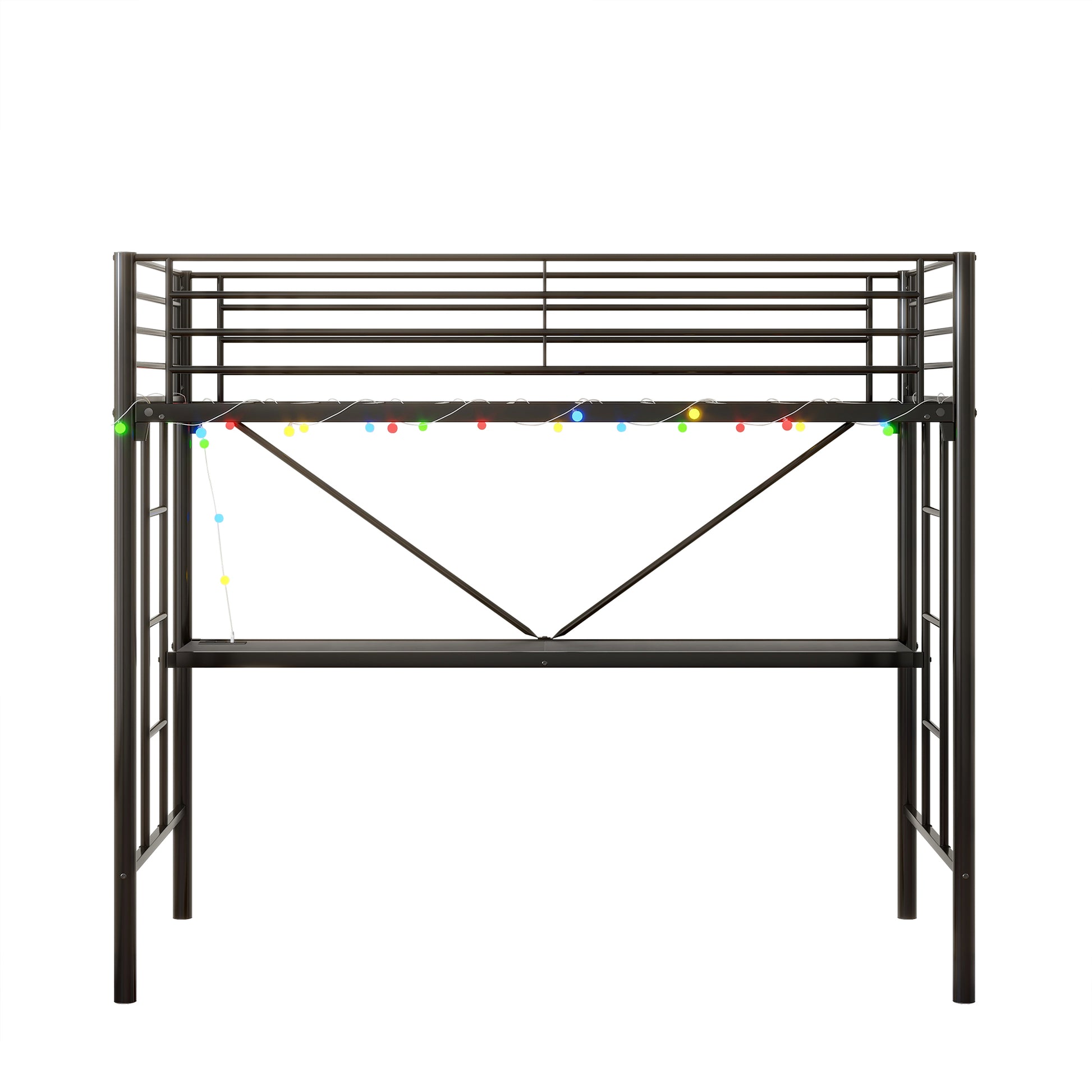 Twin Metal Loft Bed With Desk, Power Outlet And Led Lightedsafety Guard & Ladder, No Box Spring Needed, Black Box Spring Not Required Twin Black Metal Bedroom Modern,Retro,Rustic Bed Frame Mdf Metal