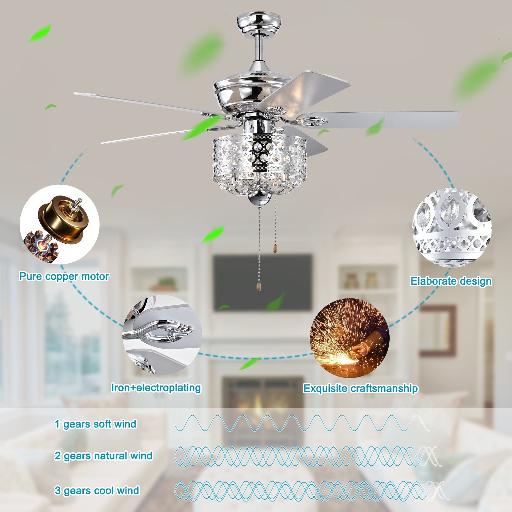 52 Inch Indoor Ceiling Fan With Pull Chain,Reversible Ac Motorspull Chain Chrome No Include Bulb Chrome American Traditional,Antique,Classic,Contemporary Plywood Metal