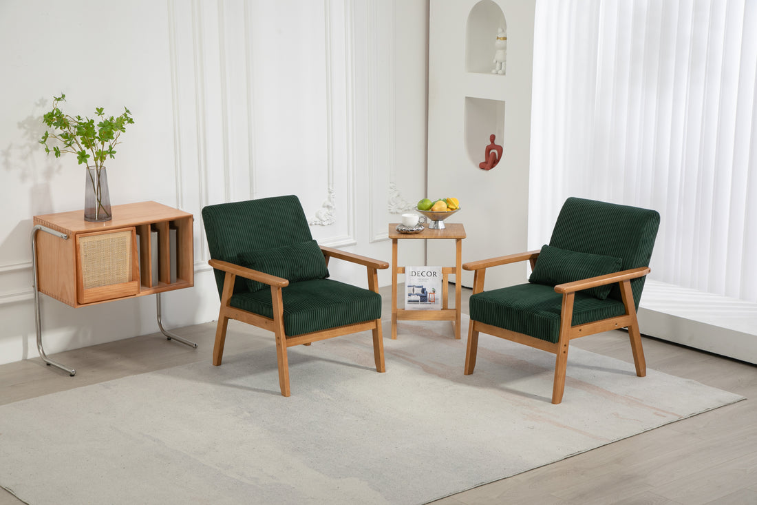 Leisure Chair With Solid Wood Armrest And Feet, Leisure Chair, Wood Frame, Velvet, Solid Rubber Wood Legs, Mid Century Modern Accent Chair, For Living Room Bedroom Studio Chair,Two Packs Emerald Corduroy