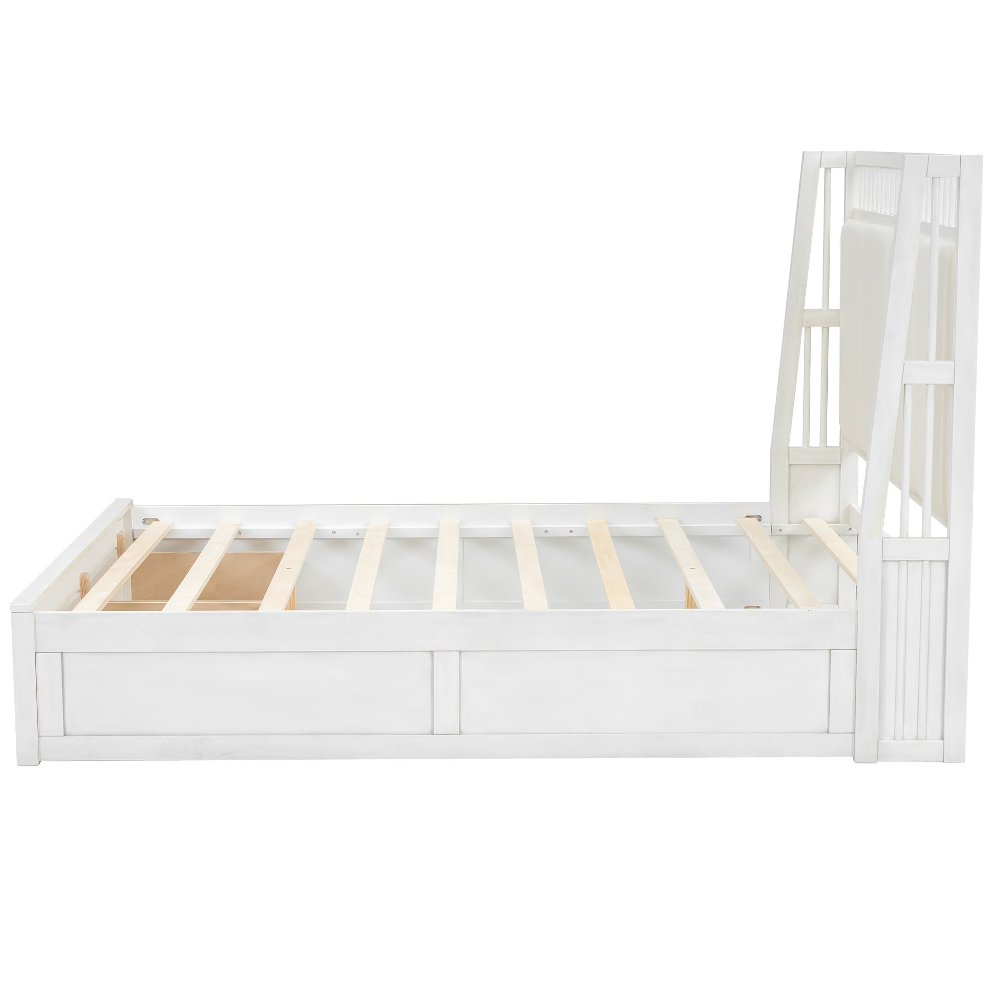 Queen Size Wood Platform Bed With Upholstered Headboard And 2 Drawers, Antique White Box Spring Not Required Queen White Wood Bed Frame Solid Wood Mdf
