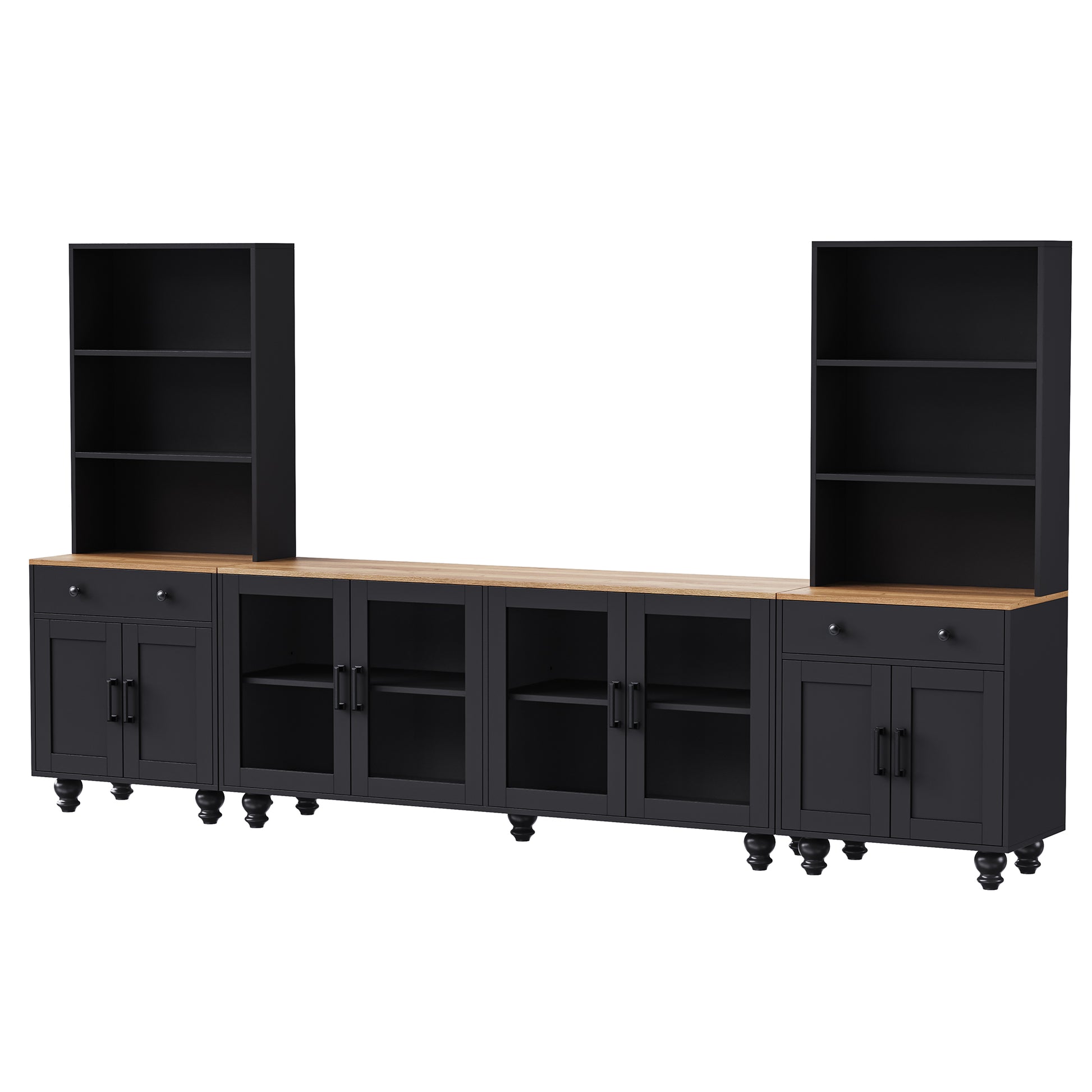 Farmhouse Tv Stand With Solid Wood Gourd Shaped Legs For Tvs Up To 70", Entertainment Center With Bookshelves & Tempered Glass Doors, Media Console With Adjustable Shelves, Living Room, Black Black