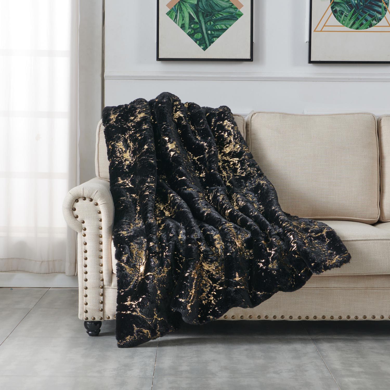 Luxury Chinchilla Faux Fur Gilded Black Throw Blanket 60" X 80" Black Gold Polyester