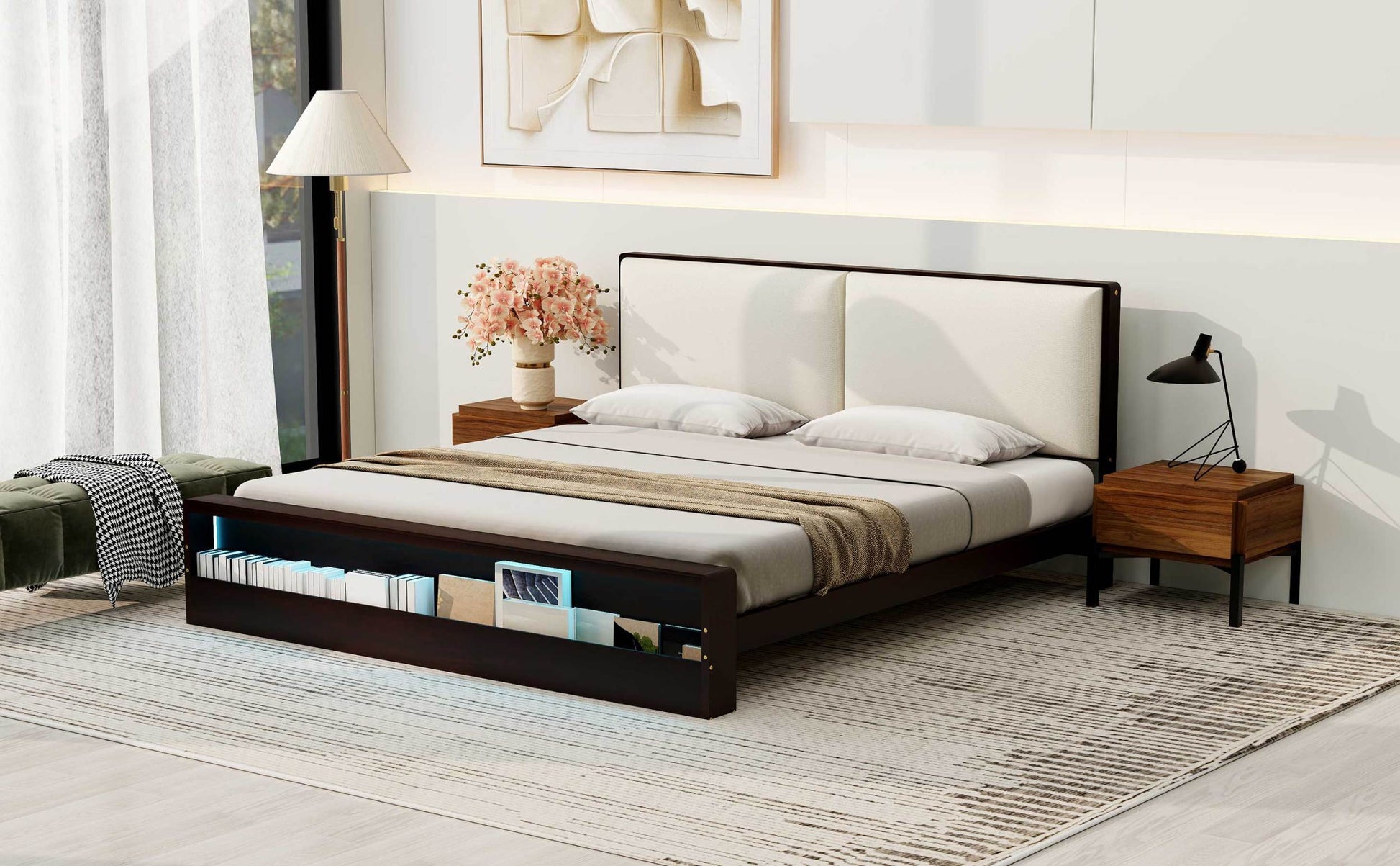 King Size Platform Bed Frame With Upholstery Headboard And Bookshelf In Footboard And Led Light Strips, Espresso King Espresso Solid Wood Mdf