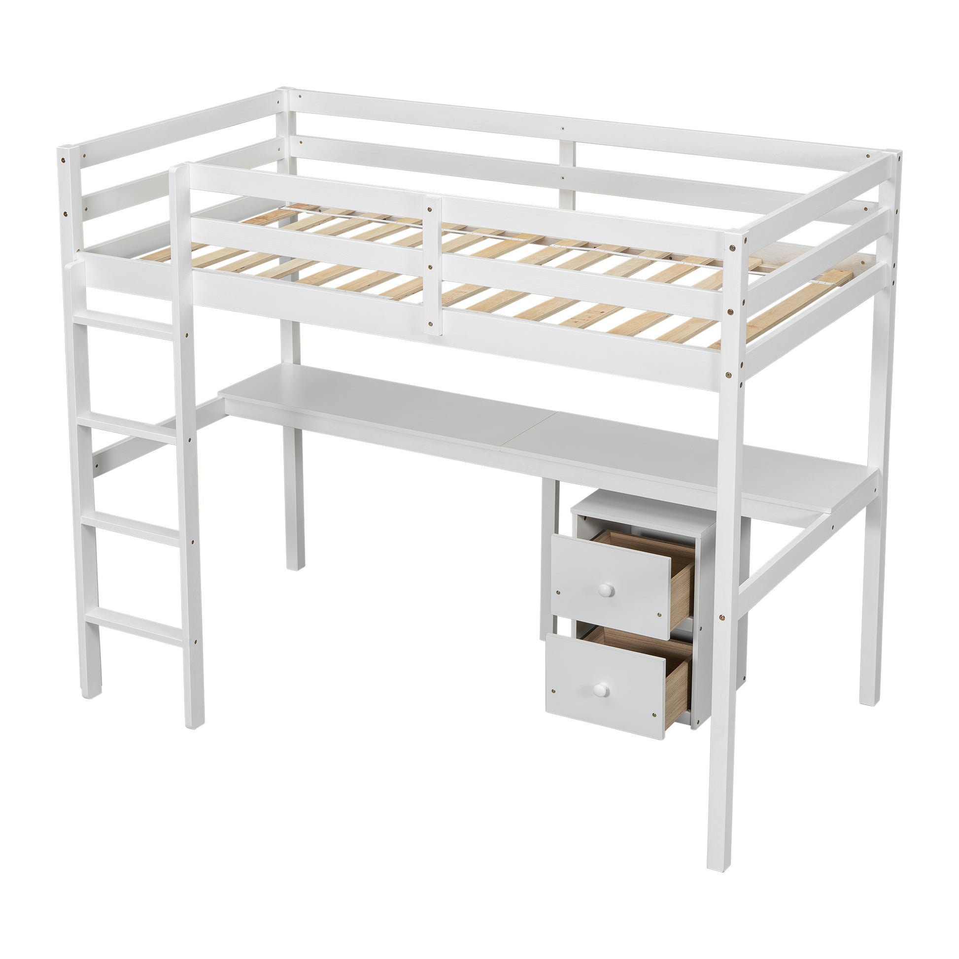 Twin Loft Wood Bed With Under Bed, Built In Desk, A Storage Cabinet Of 2 Drawers, Guardrails, Ladder,White Twin White Pine