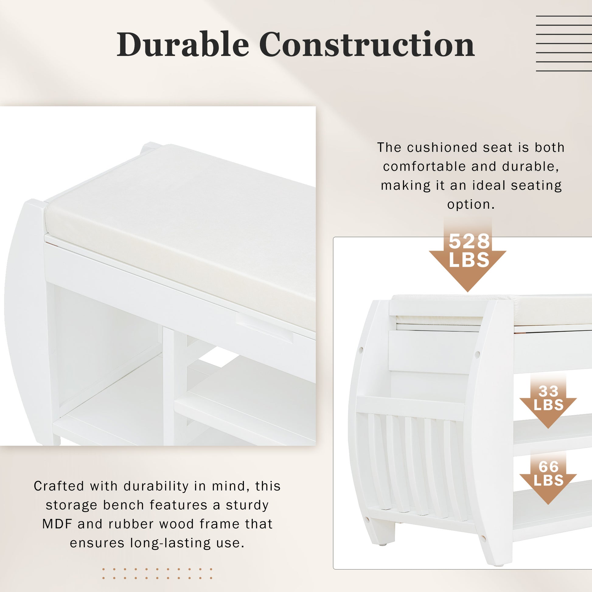 Retro Multifunctional Storage Bench With Cushion And Curved Side Panel For Entrance And Living Room Antique White Antique White Mdf