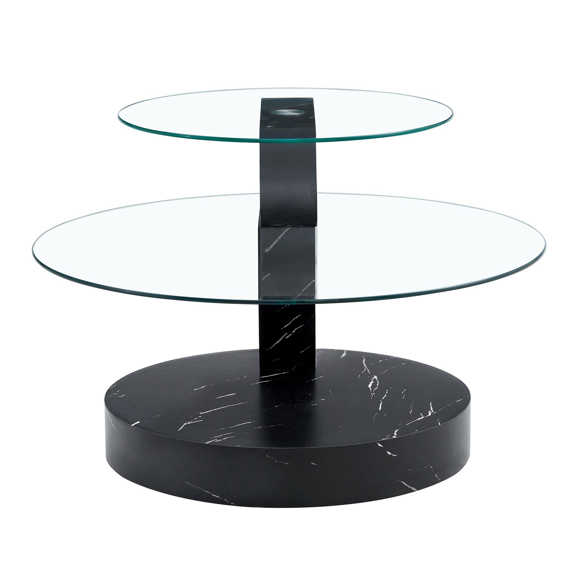 Modern And Practical Double Deck Round Table. Double Storage Space, Made Of Glass Tabletop And Mdf Table Legs. Suitable For Living Room And Bedroom And Dining Room. Black Mdf Glass