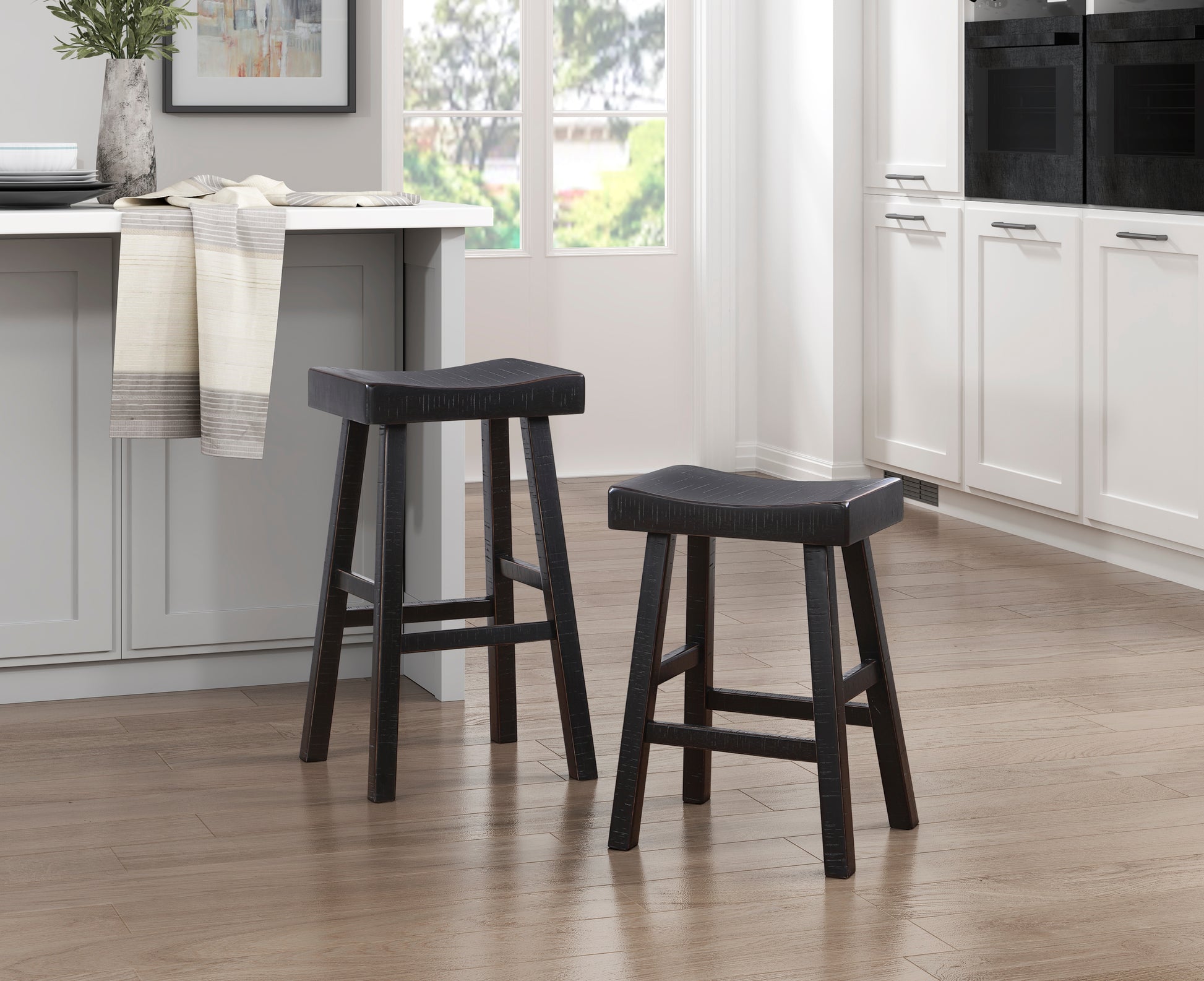 Transitional Design Counter Height Stools Set Of 2Pcs, Black Finish Solid Rubberwood Furniture Black Dining Room Transitional Set Of 2 Solid Wood