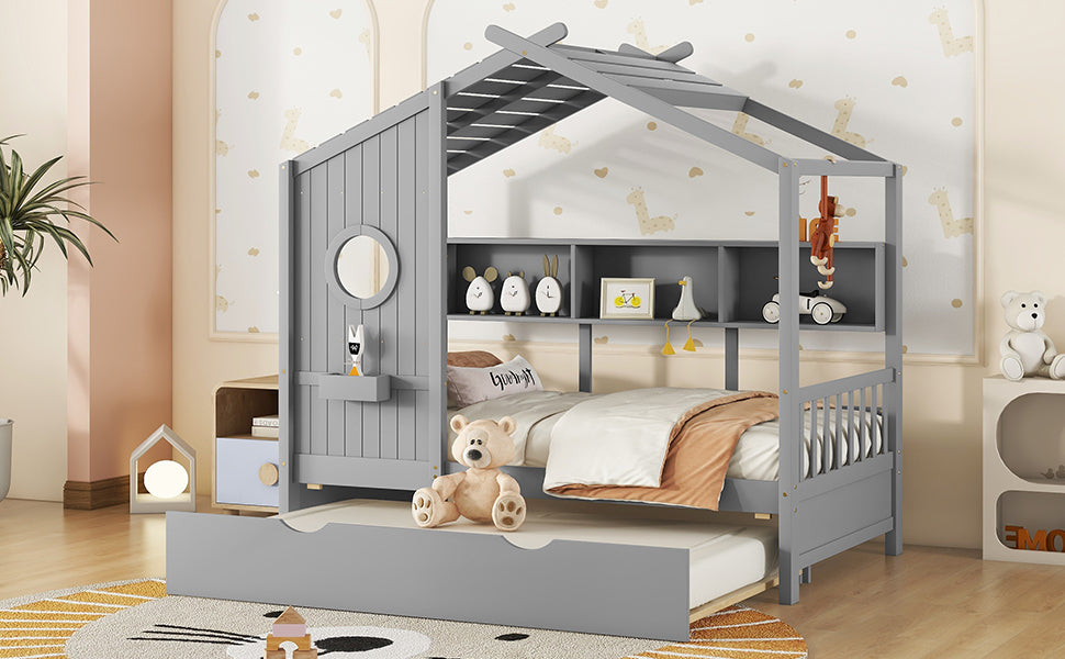 Wooden Twin Size House Bed With Trundle, Modern Design For Kids With Storage Shlef, Gray Twin Gray Solid Wood