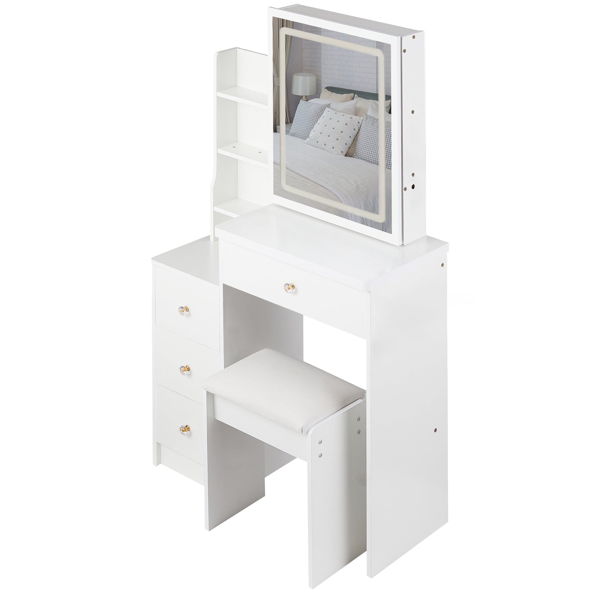 Small Size Left Bedside Cabinet Vanity Table Cushioned Stool, Touch Control Sliding Led Mirror, Tri Color Switching, Brightness Adjust, Multi Layer, Suitable For Small Space, Epa,Gcc,Ul Certificate