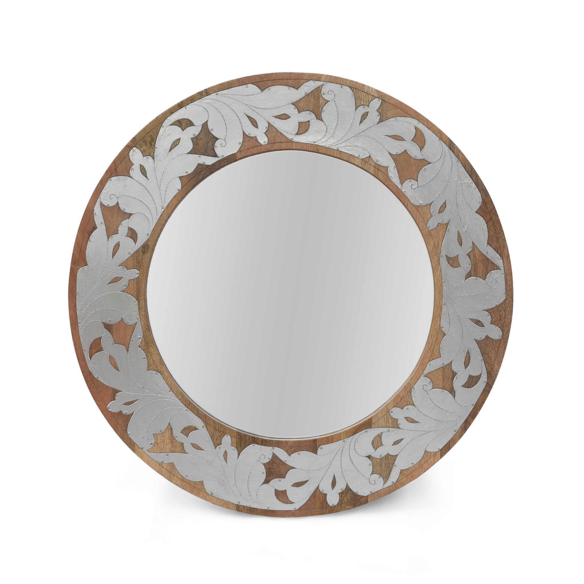 Mango Wood Aluminium Fitted Round Mirror Natural Wood