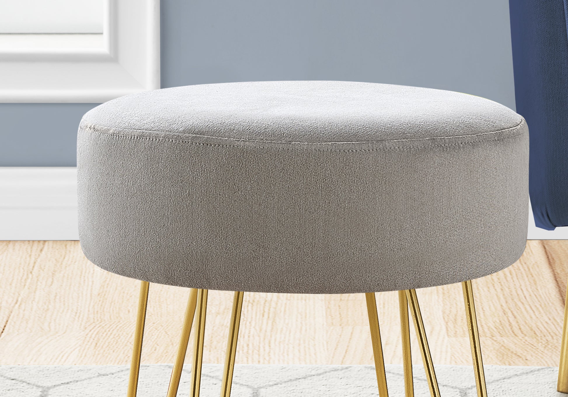 Ottoman, Pouf, Footrest, Foot Stool, 14" Round, Grey Fabric, Gold Metal Legs, Contemporary, Modern Grey Foam Polyester