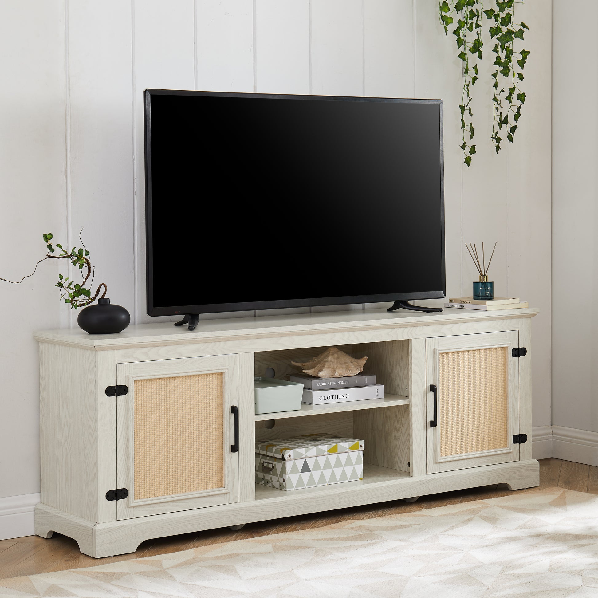 Farmhouse Rattan Tv Stand Console Table For Tvs Up To 70 Inches, Tv Console Table With 2 Storage Shelves, 2 Natural Rattan Door Cabinets,65"W*15.55"D*23.86"H, White Antique White 70 79 Inches Mdf