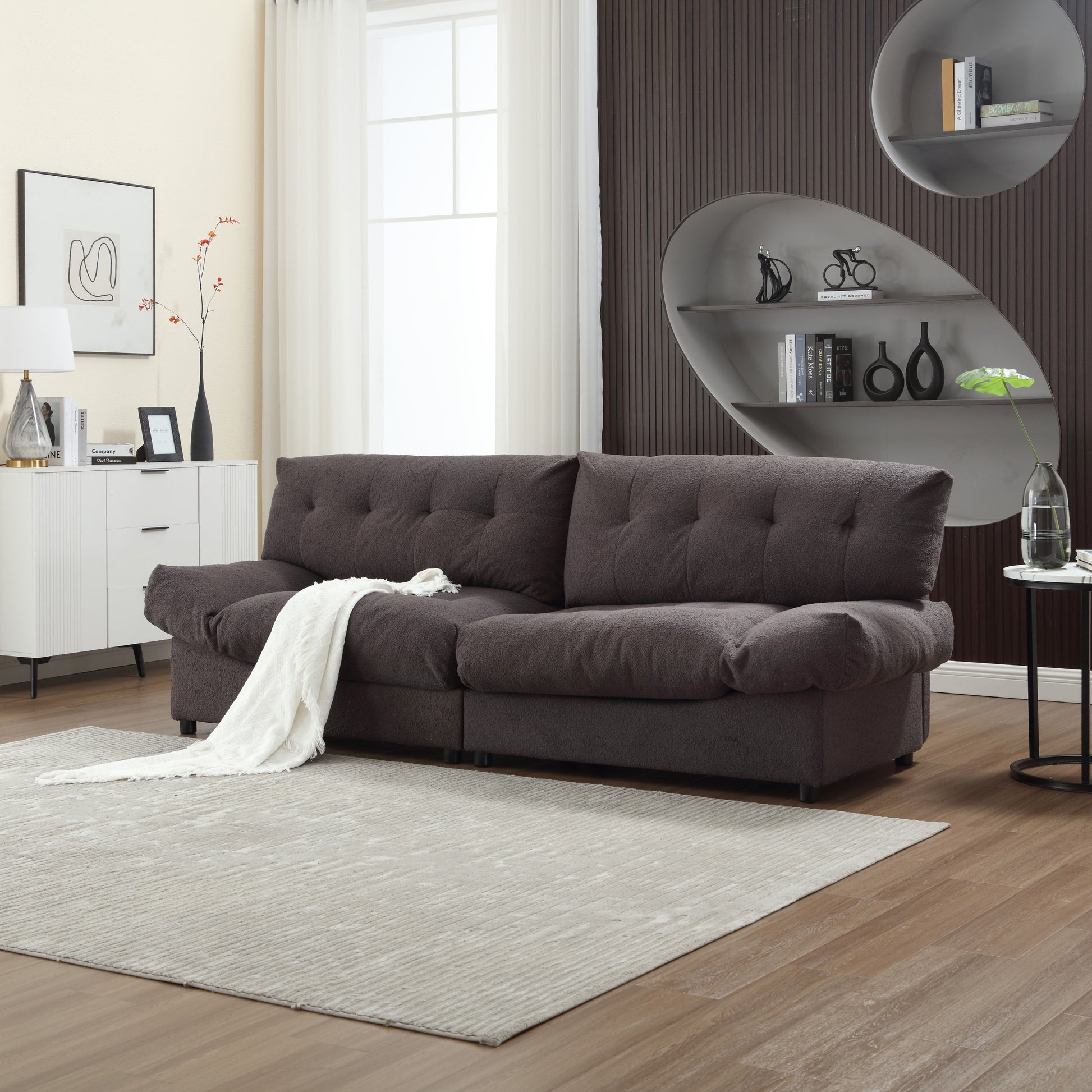 Cloud Style Sofa, Teddy Velvet Fabric, Comfy Padded Cloud Couch For Living Room, Apartment Dark Gray Light Brown Velvet Wood Primary Living Space Modern Polyester 2 Seat