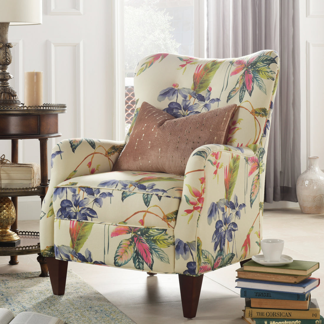 Paradise Upholstered Arm Chair, Off White Floral Printed On Cotton Beige Foam Fabric