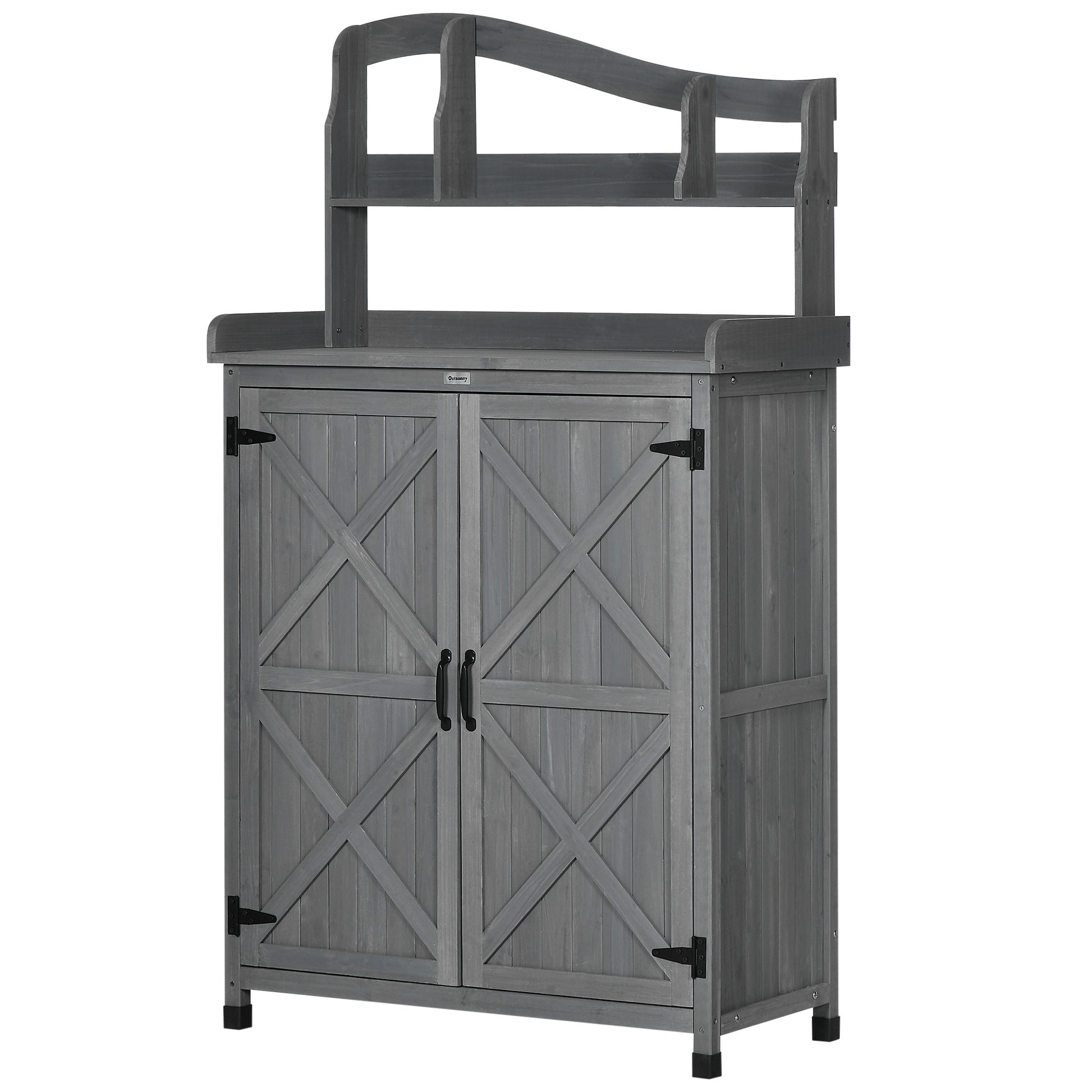 Outsunny Potting Bench Table, Outdoor Storage Cabinet, Multi Function Gardening Bench, Wooden Planting Workstation With Magnetic Doors, For Yard Tools Or Pool Accessories, Gray Dark Grey Wood