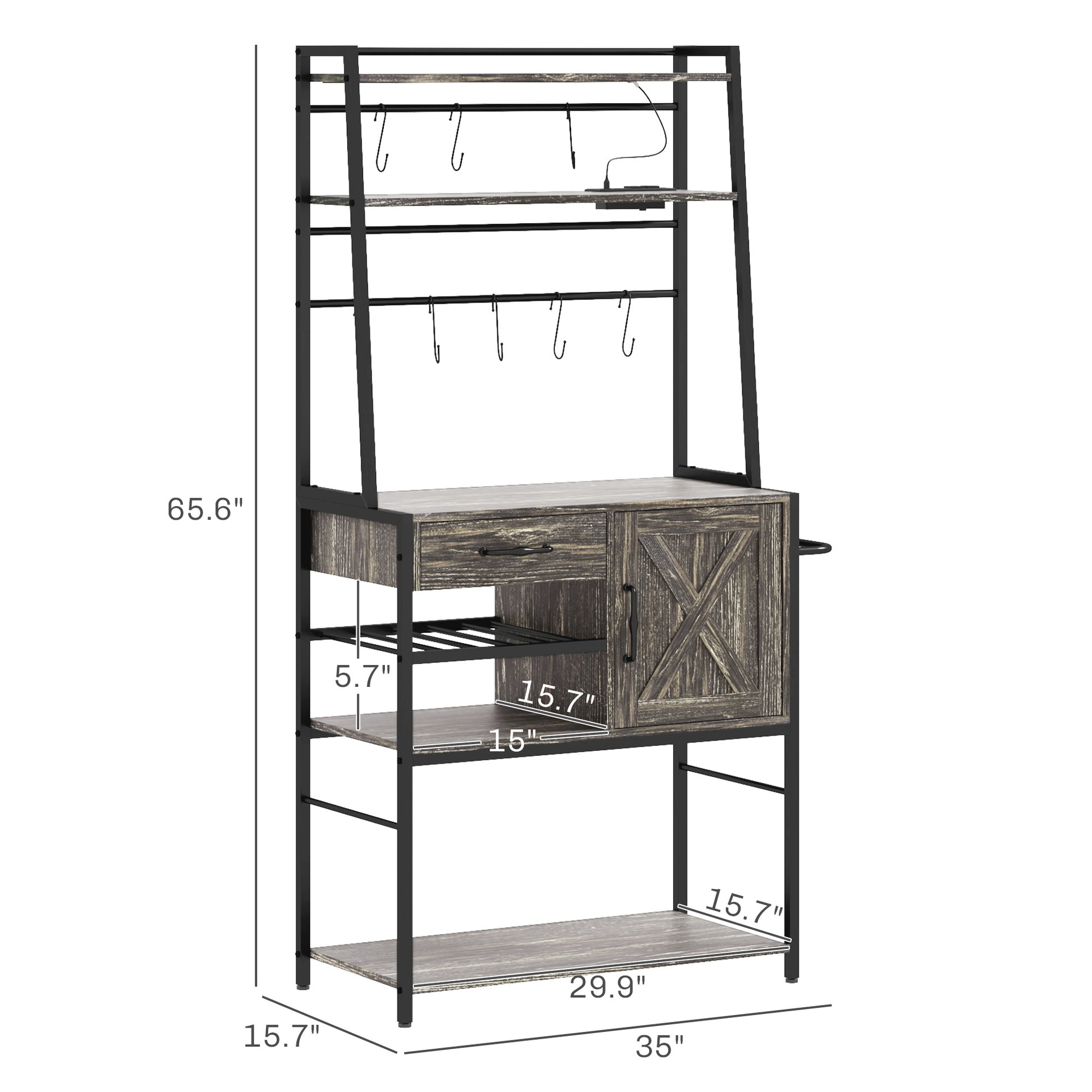 Homcom Baker'S Rack With Power Outlet And Led Lights, Coffee Bar With Storage Shelves, Industrial Microwave Stand With Wine Bottle Rack, Drawer, Barn Door Cabinet, Distressed Gray Gray Particle Board