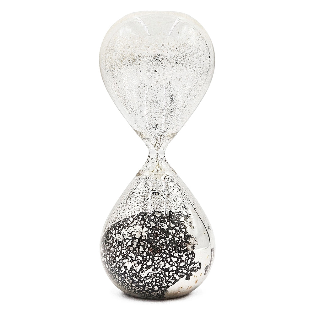 3.2X3.2X8" Peleus 30 Minute Silvered Hourglass, Black Sand Antique Black Glass
