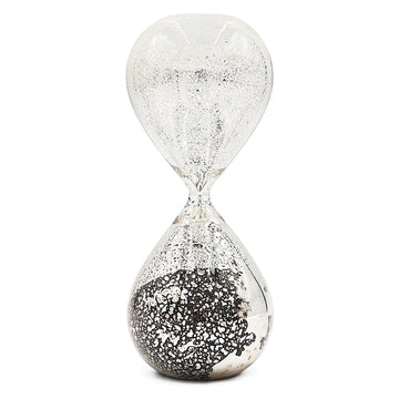 3.2X3.2X8" Peleus 30 Minute Silvered Hourglass, Black Sand Antique Black Glass