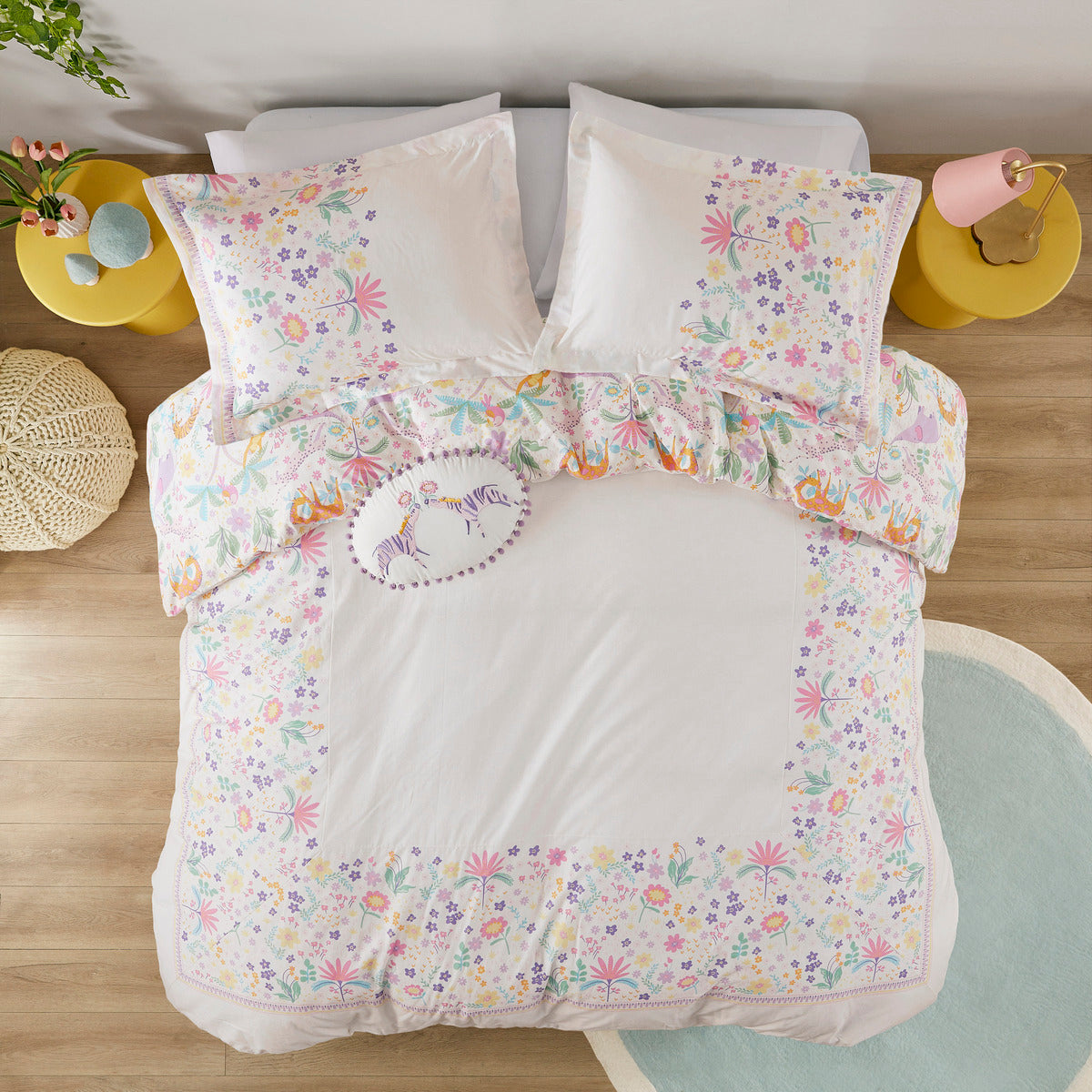 Floral Reversible Cotton Duvet Cover Set With Throw Pillow Queen Multicolor Cotton