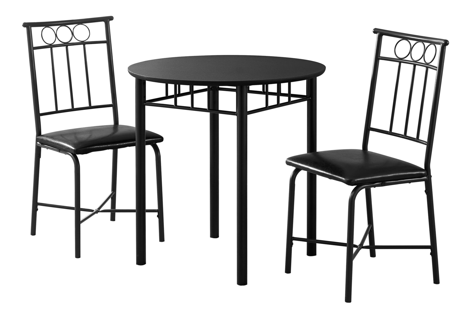 Dining Table Set, 3Pcs Set, Small, 30" Round, Kitchen, Black Metal And Laminate, Leather Look, Contemporary, Modern Black Foam Metal