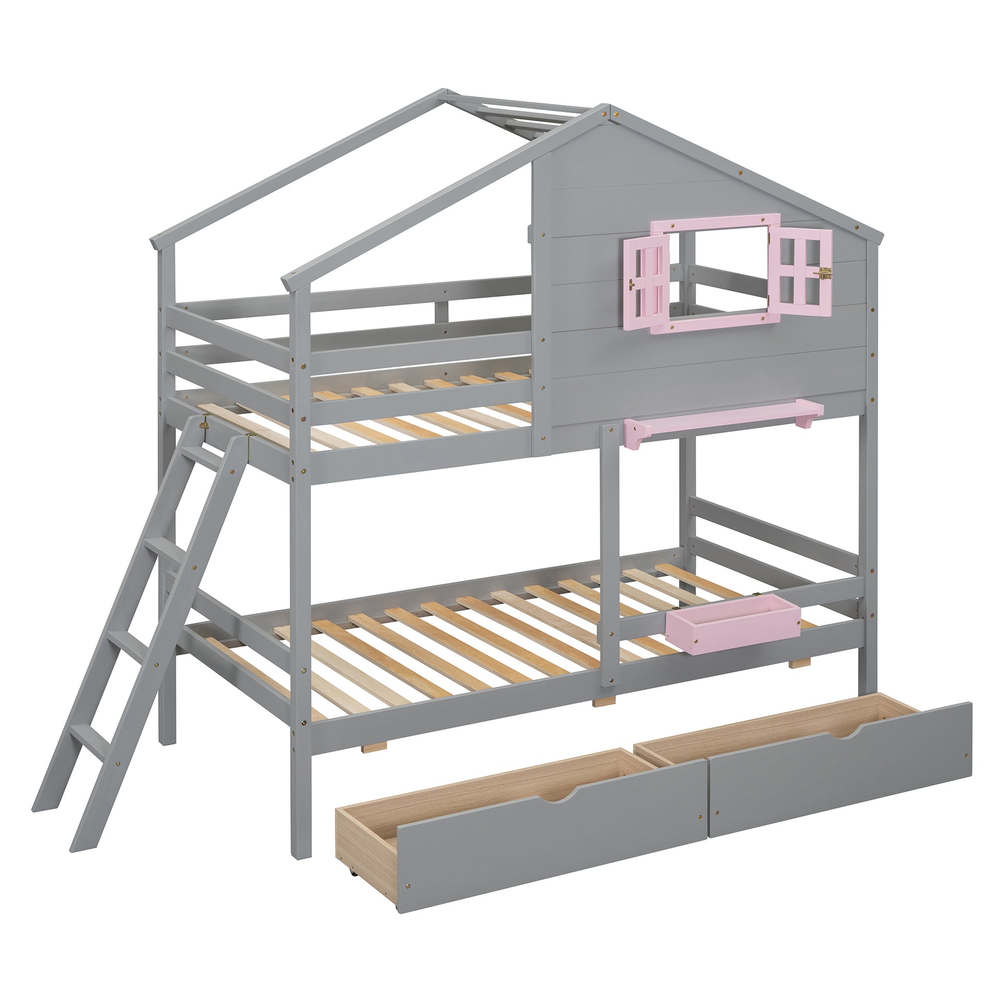 Twin Over Twin Bunk Bed With 2 Drawers, 1 Storage Box, 1 Shelf, Window And Roof Gray Old Sku:Lt001608Aae Twin Gray Solid Wood