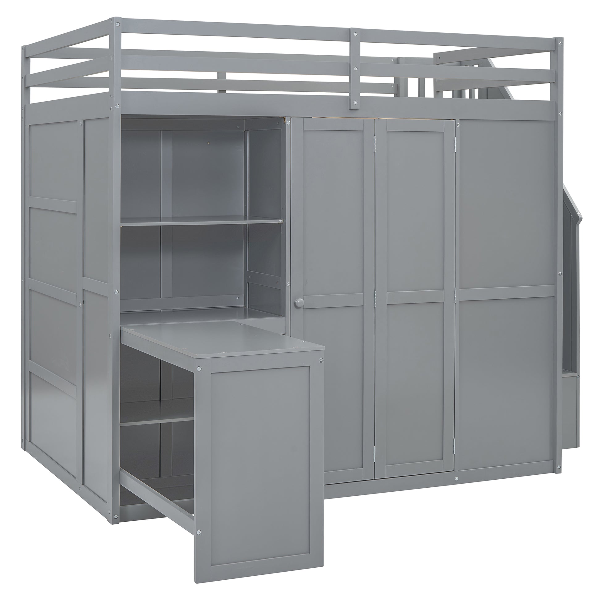 Full Size Loft Bed With Wardrobe,Desk And Shelves,Grey Grey Mdf Lvl