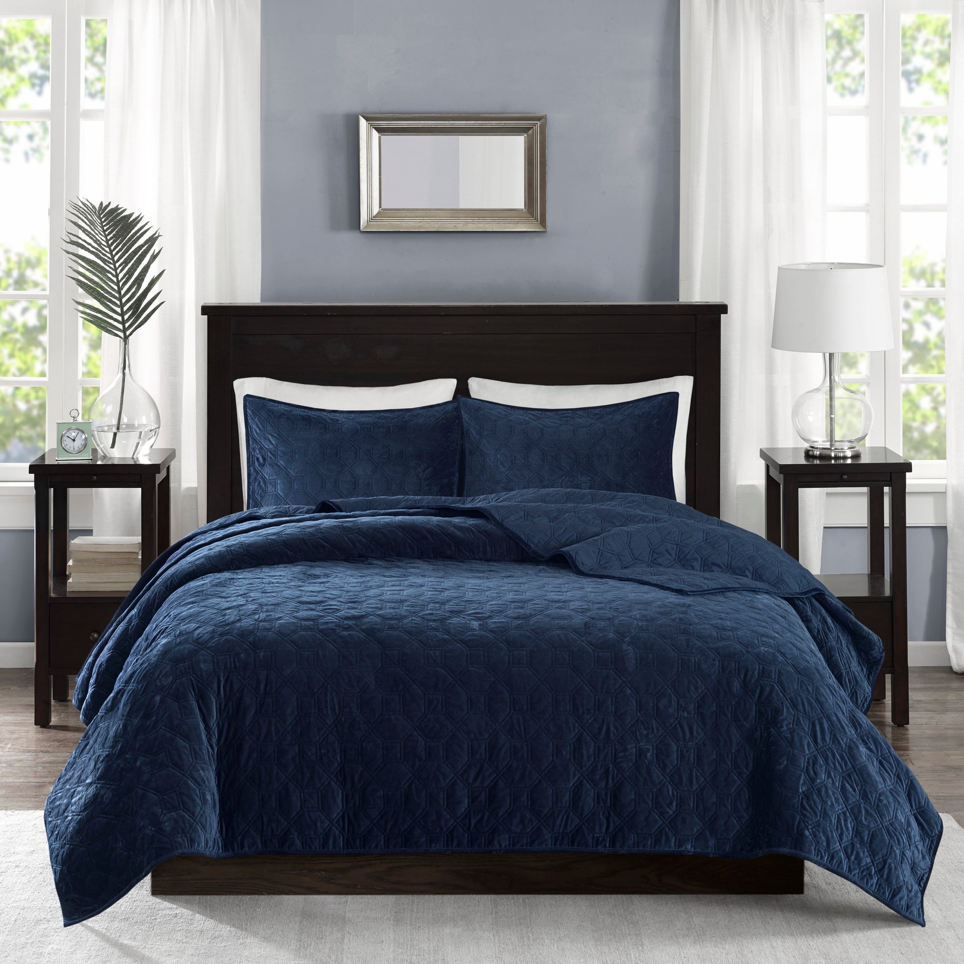 3 Piece Velvet Quilt Set Navy Full Queen Full Navy Cotton