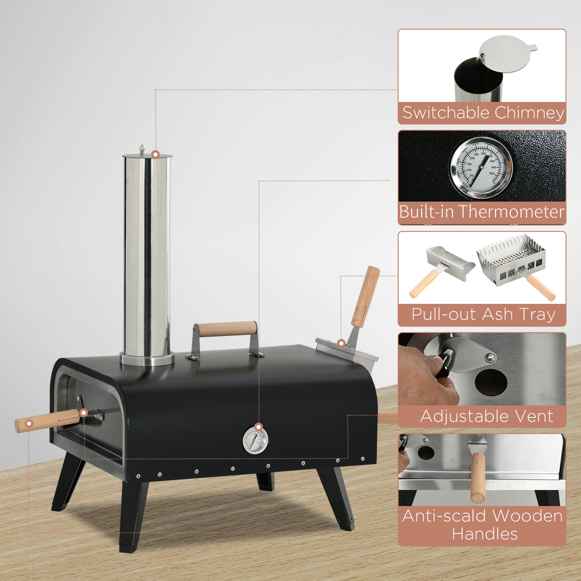 Outsunny Outdoor Pizza Oven With 12" Stone, Peel And Cover, Portable Pellet Wood Fired Pizza Maker With Foldable Legs, Stainless Steel Pizza Grill For Outside, Backyard, Outdoor Kitchen Black Steel