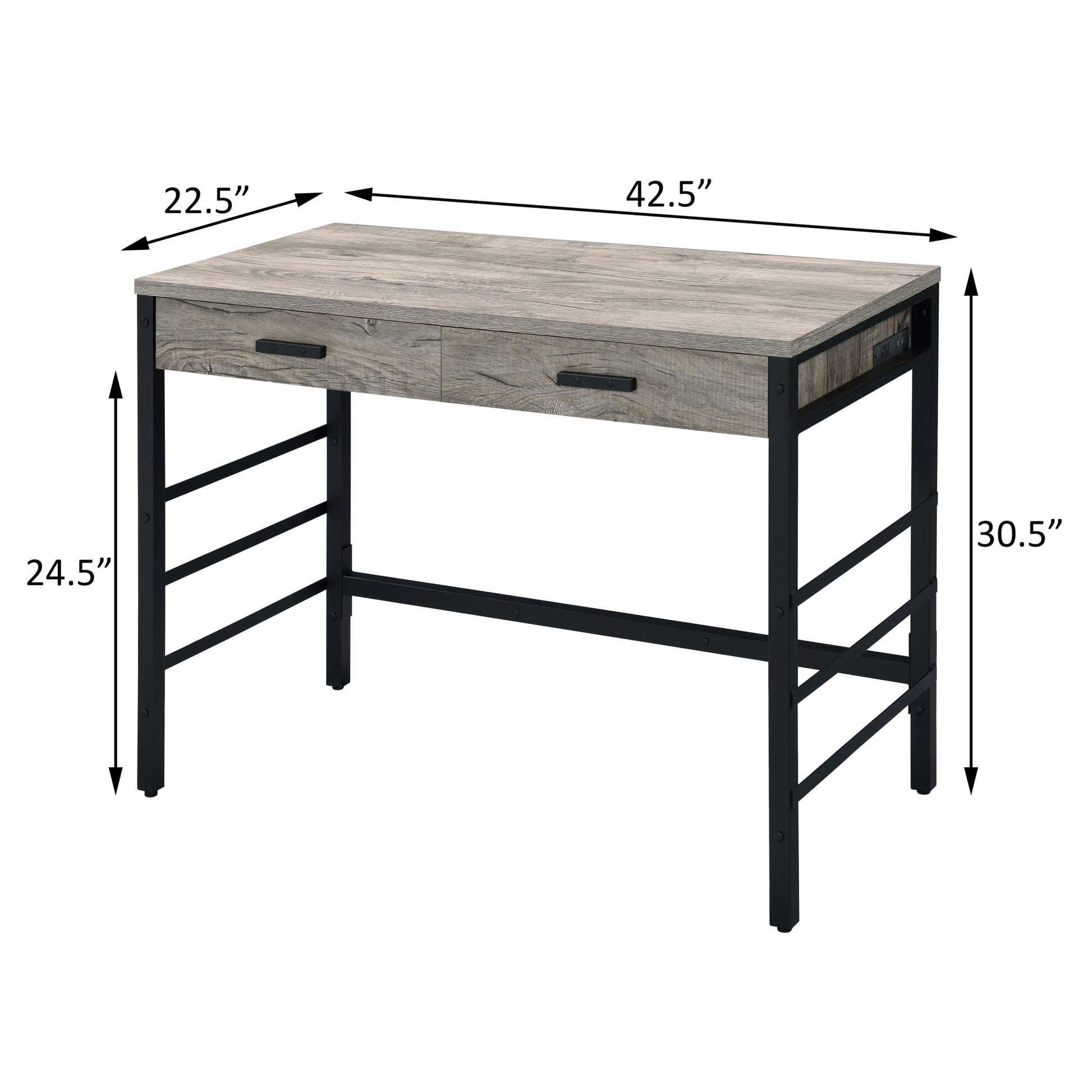 Light Weathered Oak And Black Writing Desk With 2 Drawers Black Brown Office Oak Wood Metal