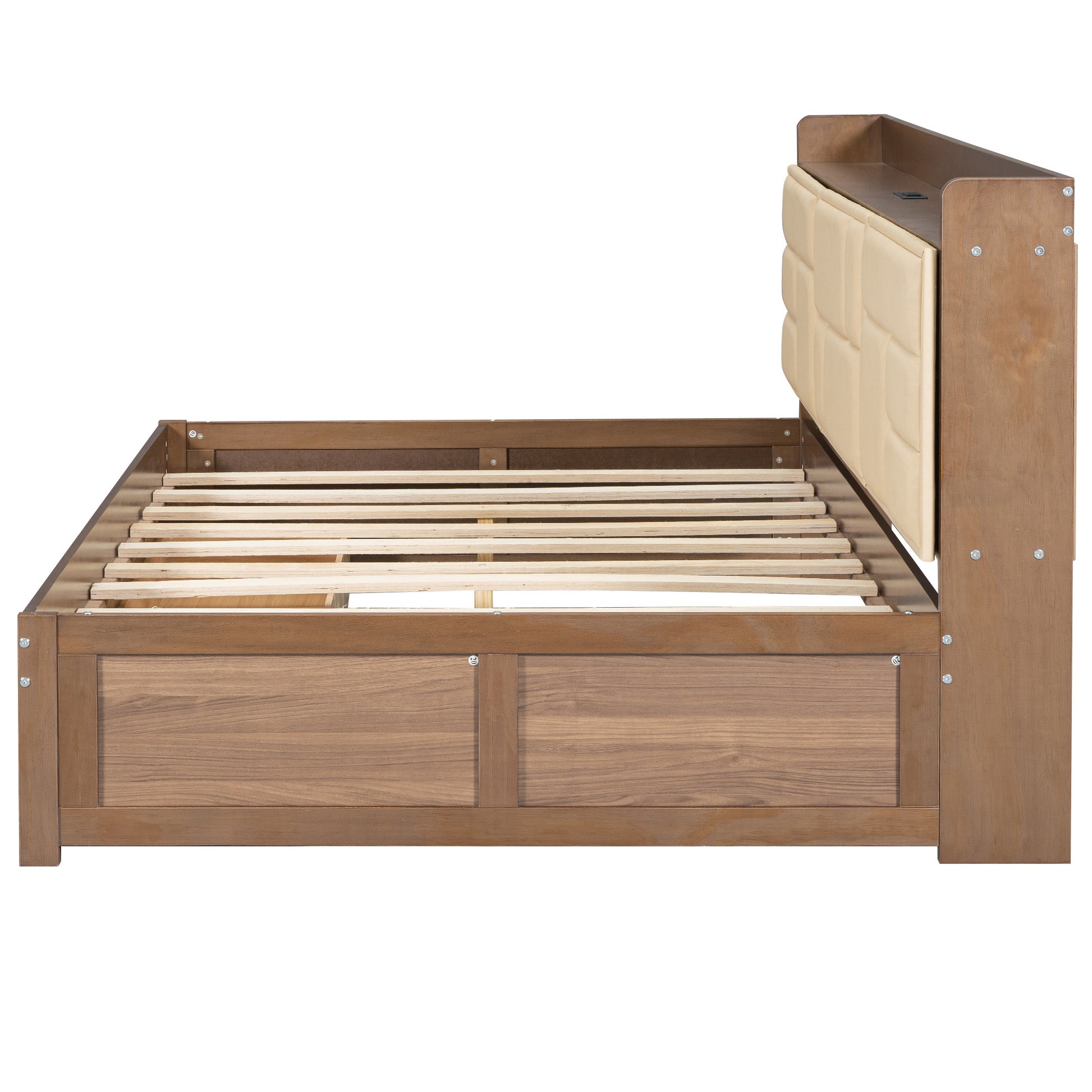 Full Size Wood Daybed With Upholstered Storage Shelves, Usb Ports And 2 Drawers, Wood Color Box Spring Not Required Full Wood Wood Bed Frame Solid Wood Mdf