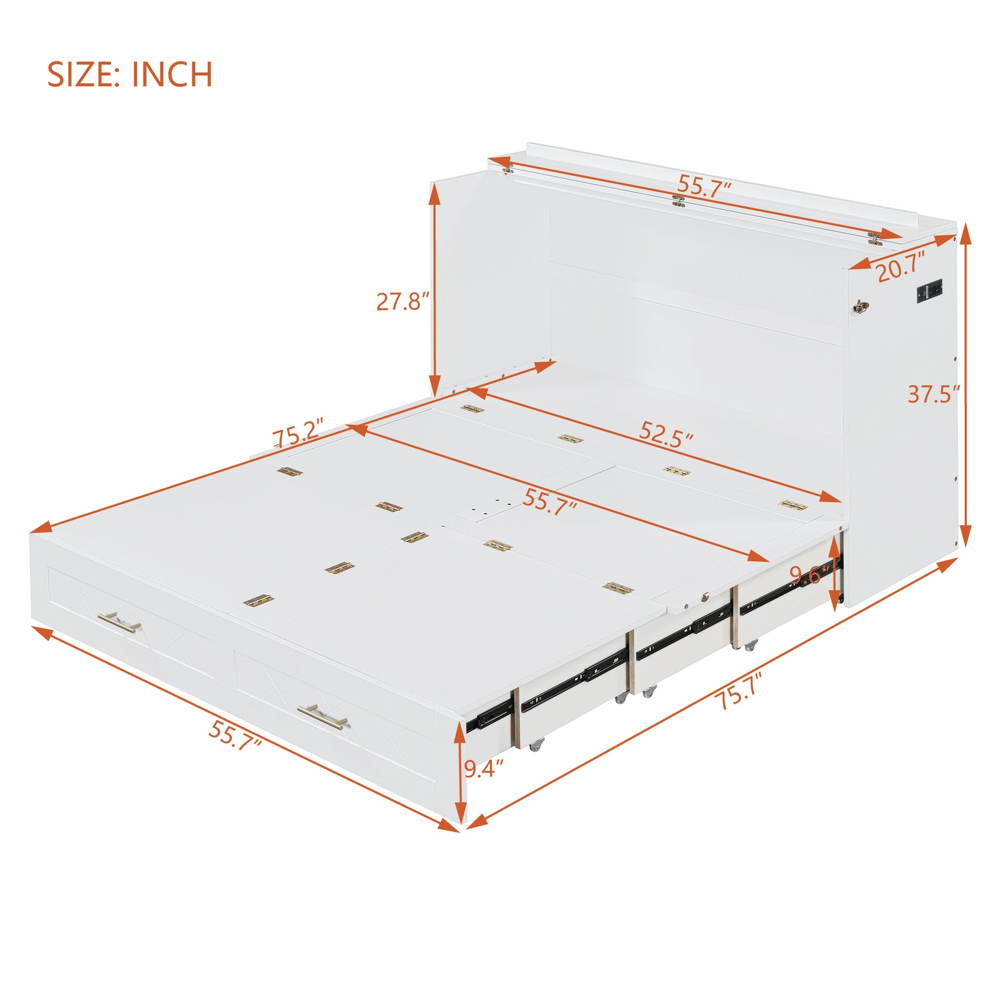 Full Size Murphy Bed Wall Bed With Drawer And A Set Of Sockets & Usb Ports, Pulley Structure Design, White Full White Mdf Lvl