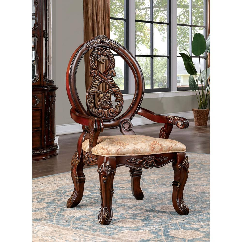 Traditional Brown Cherry 2Pcs Arm Chairs Tan Fabric Seats W Welt Faux Wood Carved Details Solid Wood Dining Room Furniture Brown,Tan Brown Dining Room Luxury,Traditional,Vintage Arm Chair Rubberwood