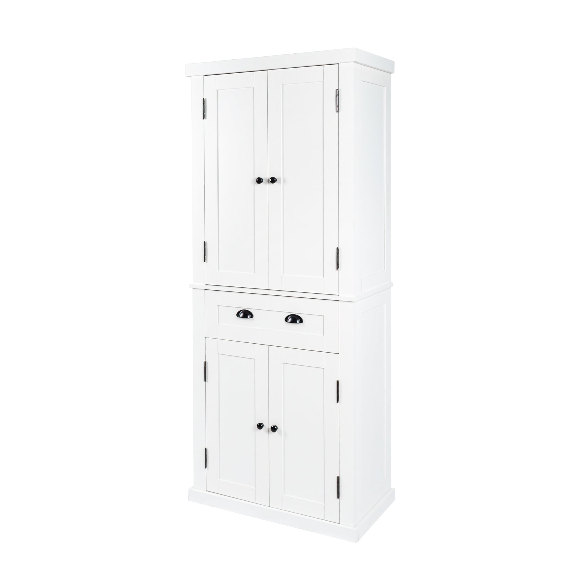 72" Kitchen Pantry Storage Cabinet, Traditional Freestanding Cupboard With 4 Doors And Adjustable Shelves, Large Central Drawer, White White Particle Board Mdf