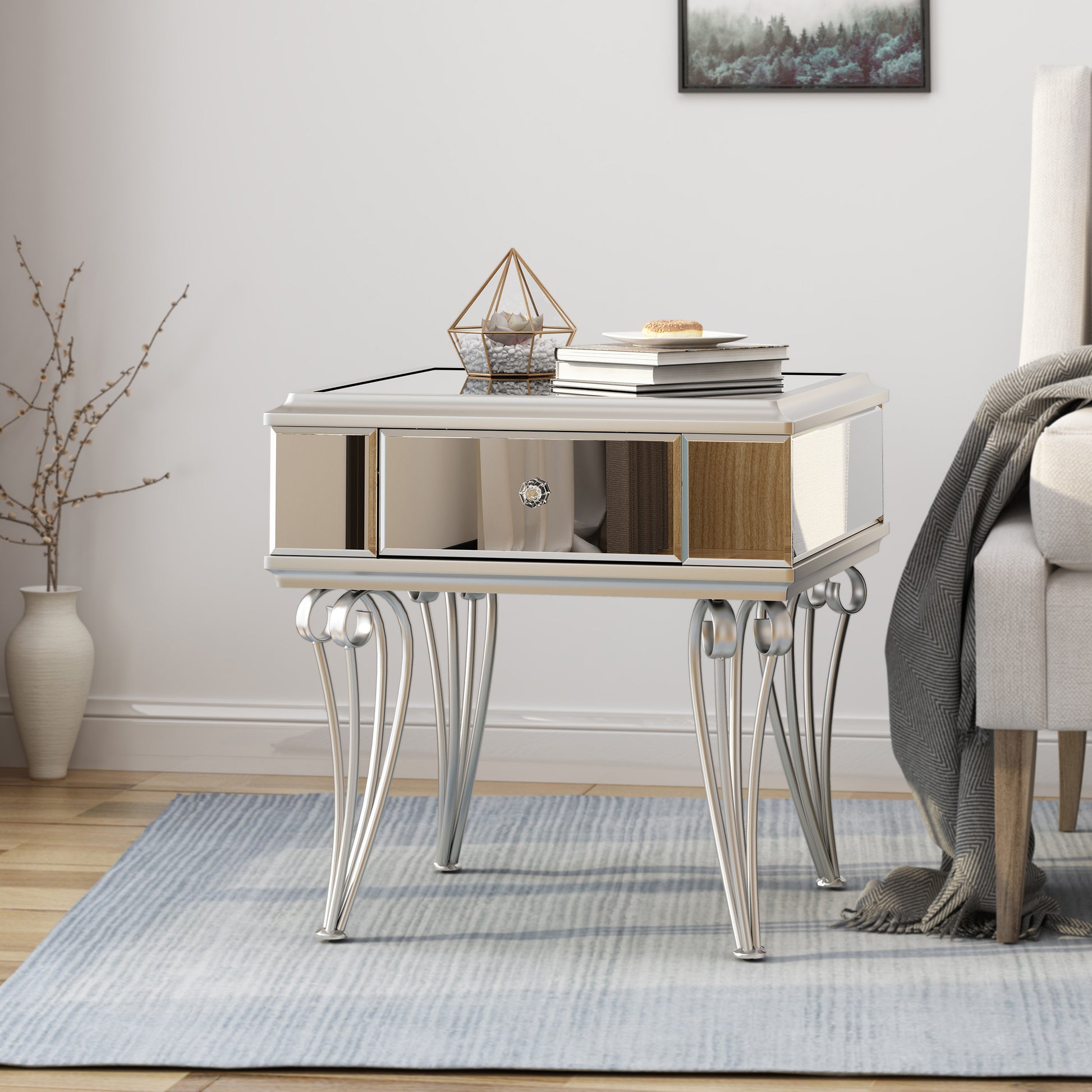 Mirrored Nightstand Silver End Table With 1 Drawer For Bedroom Living Room Silver Mirror