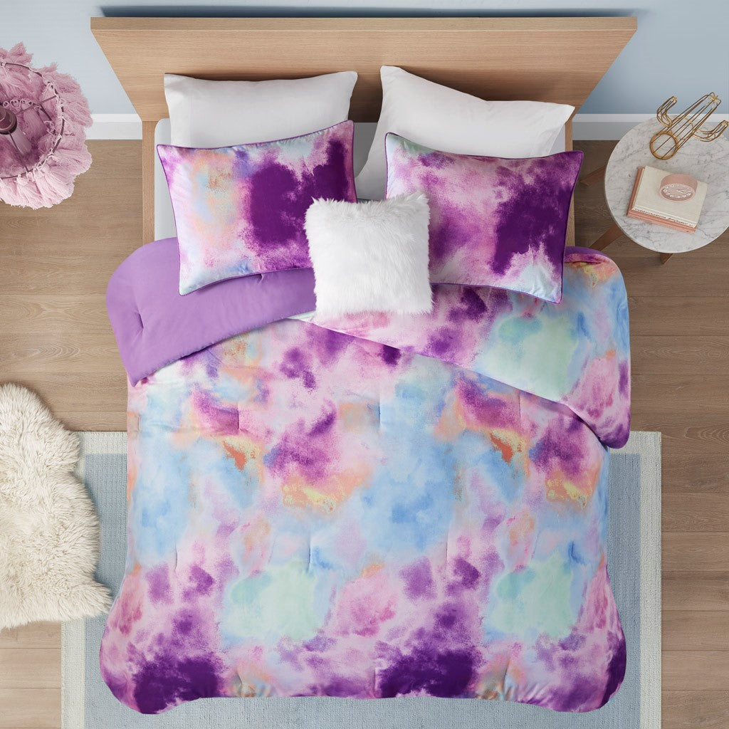 Watercolor Tie Dye Printed Comforter Set With Throw Pillow Queen Multicolor Polyester